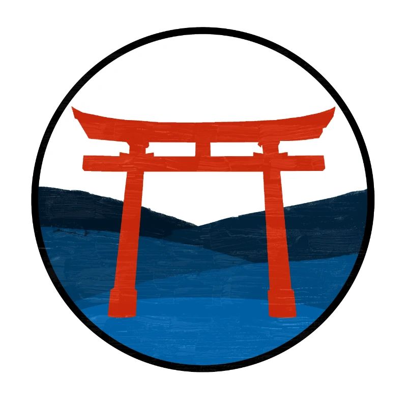 Red Torii Gate on Blue Hills - Digital Drawing