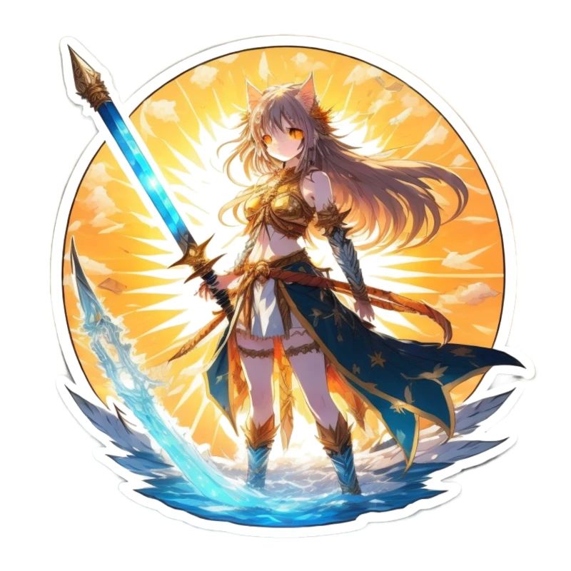 Fille chat de la plage d’été, fusion avec une épée