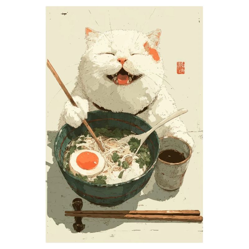 Chat blanc heureux mangeant des ramen