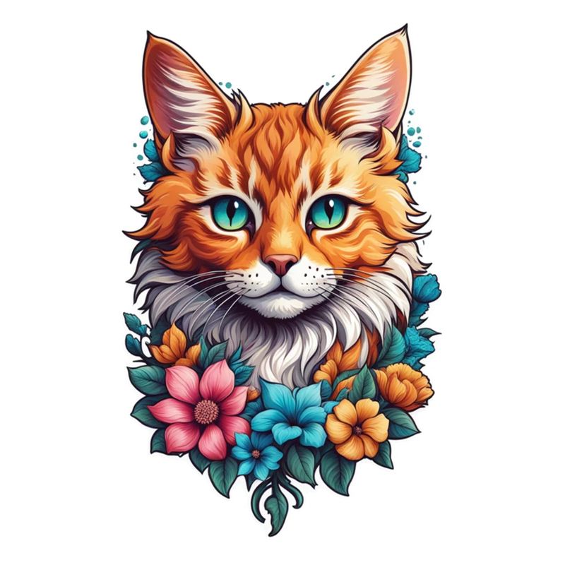 chat et fleur aquarelle
