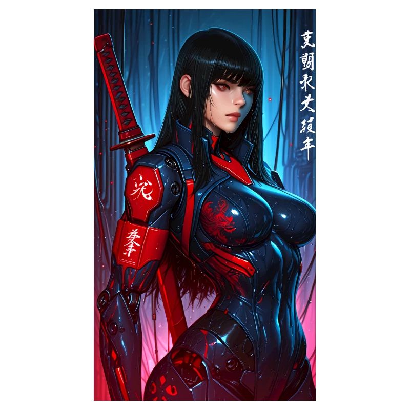 3D Sci-Fi Cyberpunk-Samurai-Kriegerin mit Katana