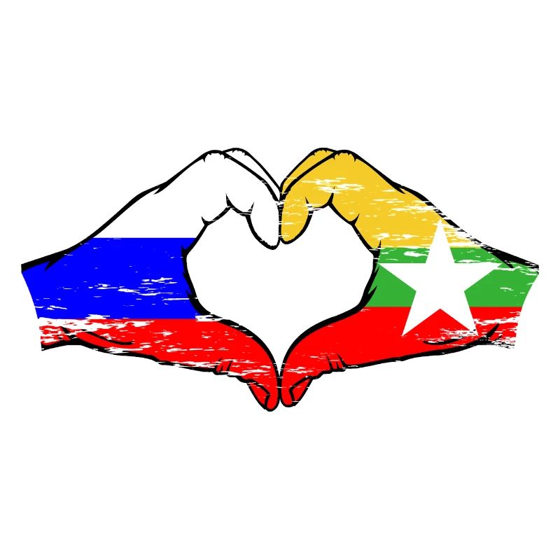 Russie Myanmar drapeau mains forme de coeur utilisé