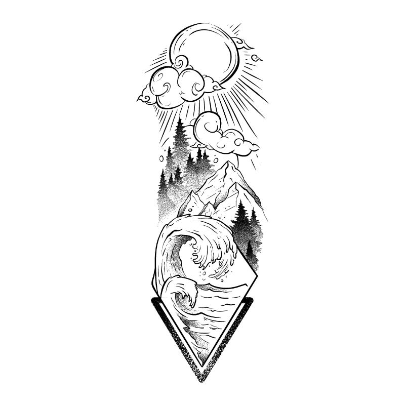 Drawing landscape mountain and ocean dotwork climbing