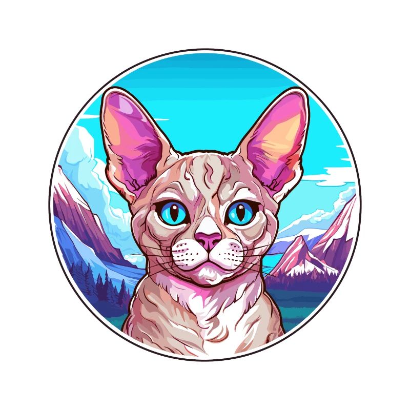 Devon Rex Cat Colorful Cartoon Watercolor Illustra