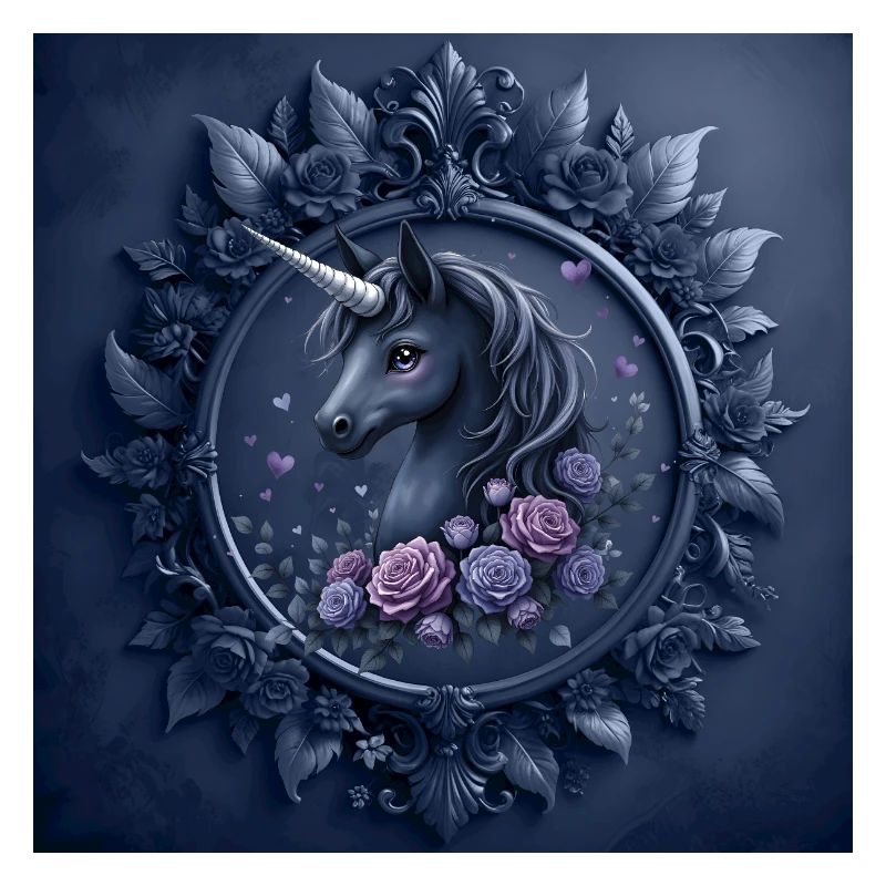 Licorne avec des fleurs dans les tons bleus