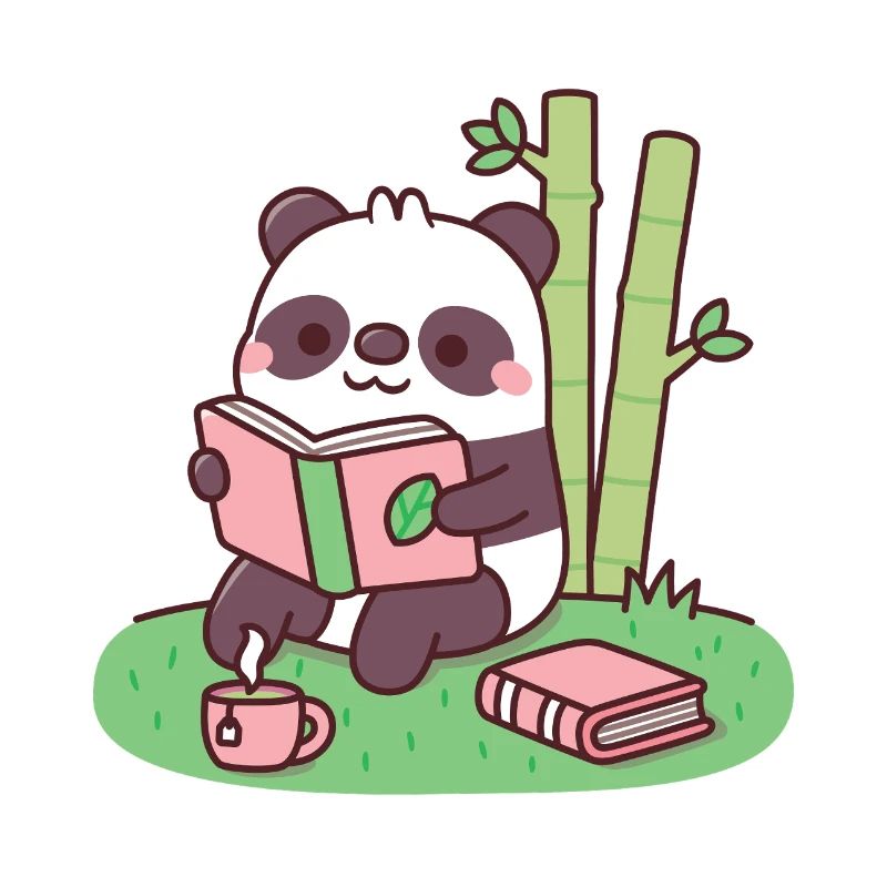 Süßer Panda liest ein Buch in der Nähe von Bambuspflanzen