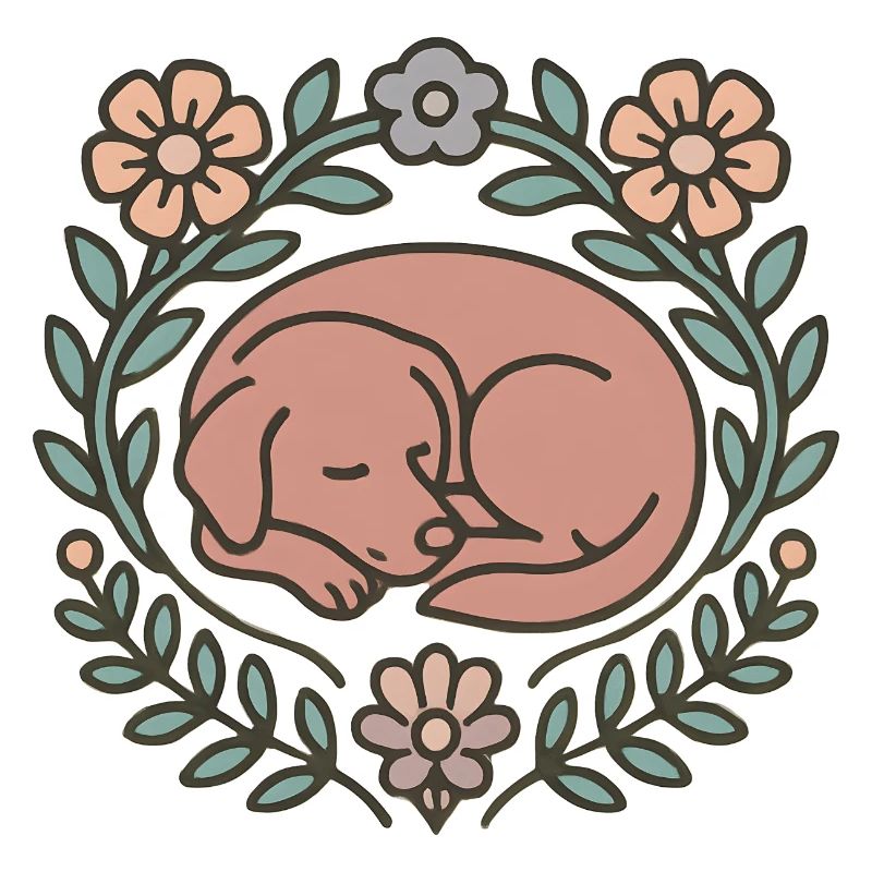 Chien endormi dans le cercle de fleurs