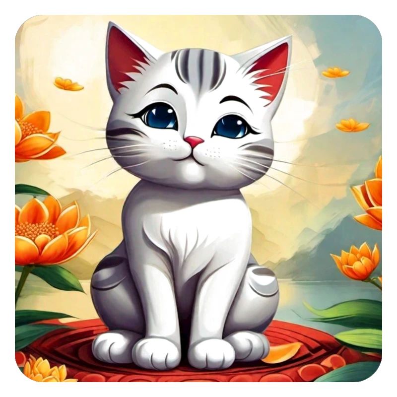 Chat blanc mignon avec des fleurs