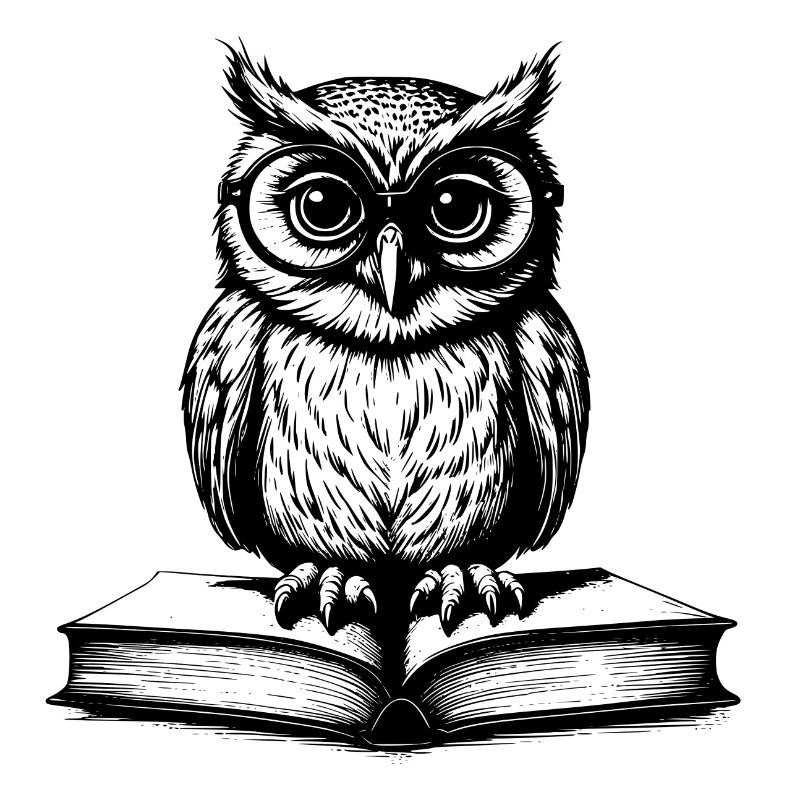 Kleine lustige Eule mit Brille sitzt auf Buch