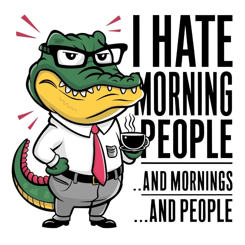 Erst Kaffee grantiges Krokodil mit Kaffeetasse