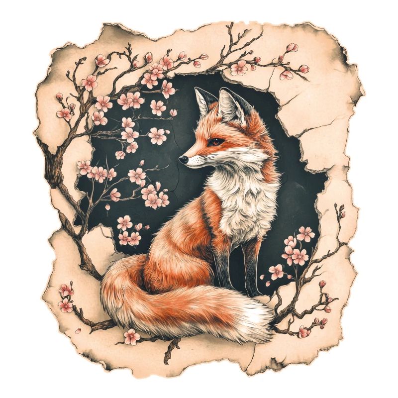 Fuchs mit Kirschblüten