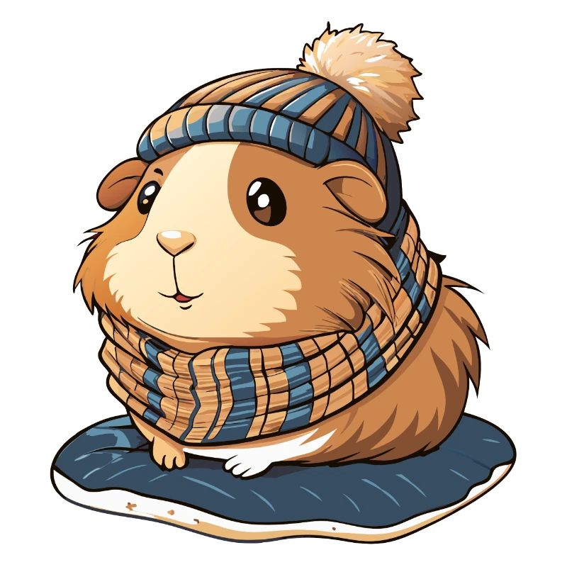 Mignon cochon d’Inde avec écharpe et chapeau à pompon.