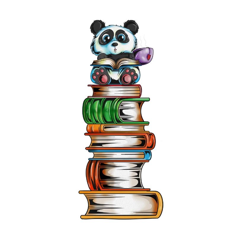 Panda bear on a book tower with tea Read the book