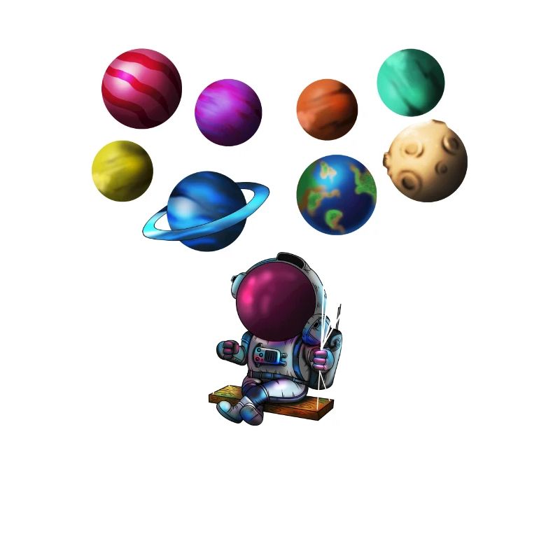 Solar system astronaut with planets as balloons