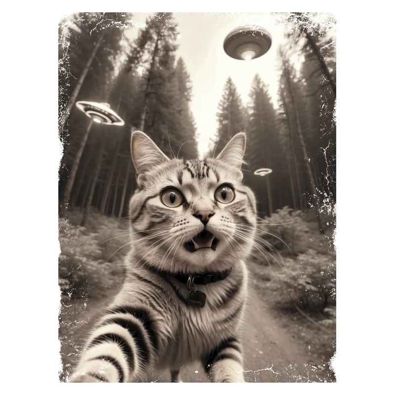 Selfie de chats avec la conception d’un vaisseau spatial extraterrestre