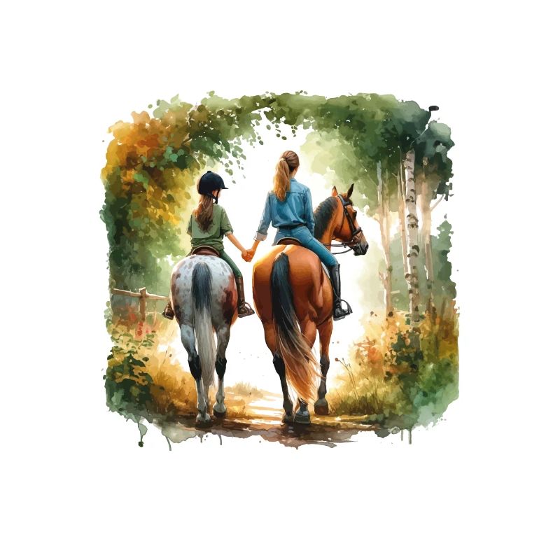 Mère et fille - Balade à cheval à l’aquarelle