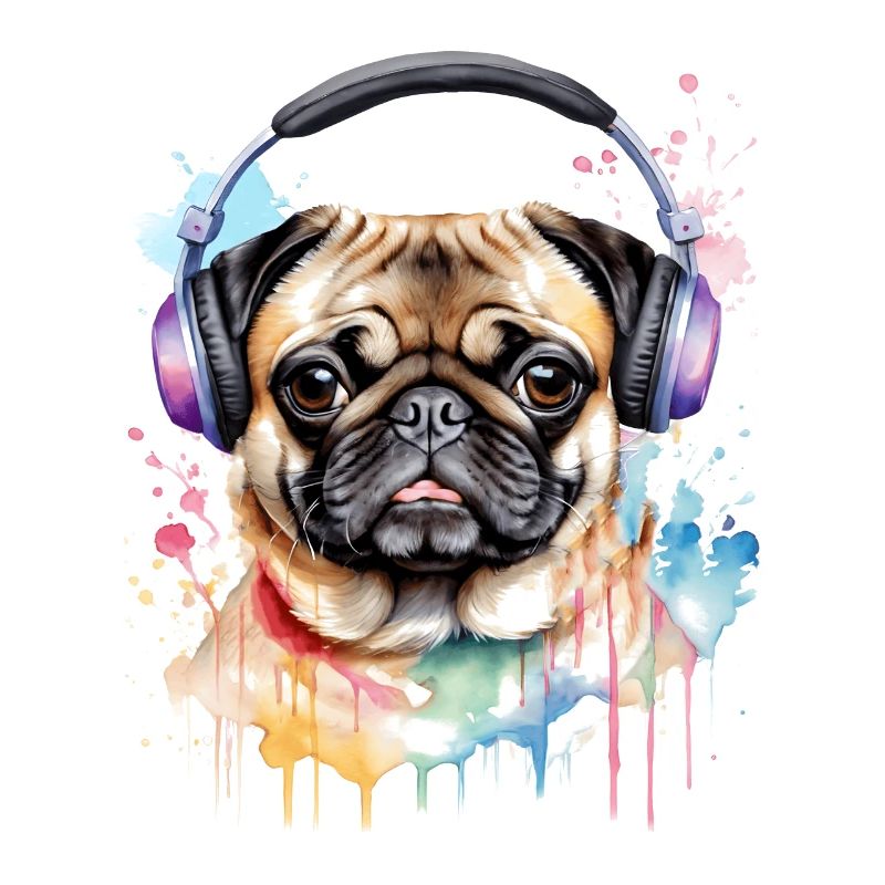 Mops Kopfhörer Hund Bunt Lustig Tier Design Print