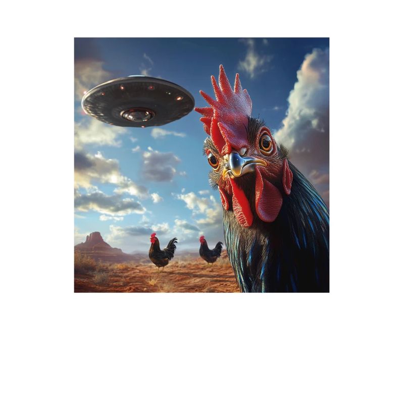 Selfie de poulets coqs avec des OVNI, impression étrange