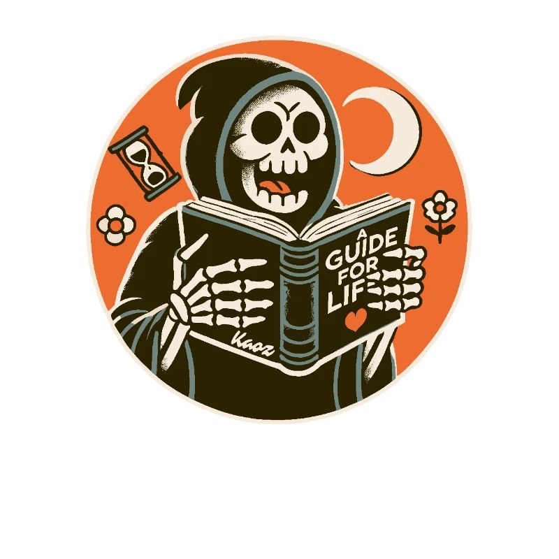 Grim Reaper reads guidebook book for life