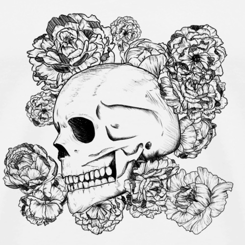 Teschio con fiori, disegno in inchiostro nero - Maglietta Premium da uomo