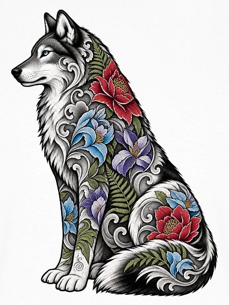 Wolfs Floral Tattoo Fell