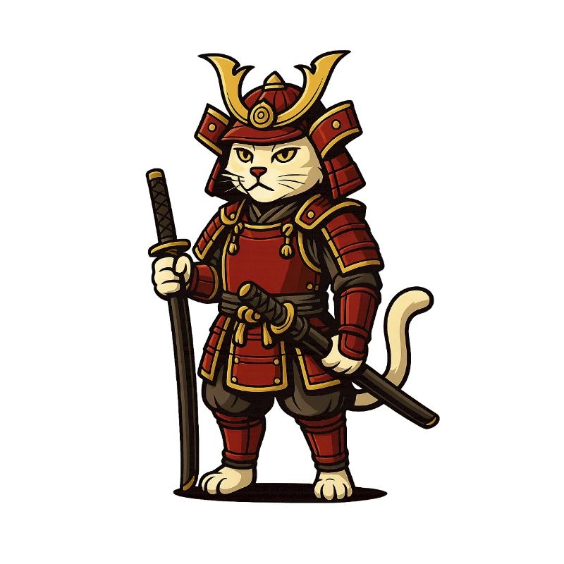 Cat, Samurai, Comic Style, Vector, Animal Drawing,
