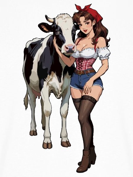Pinup-Bauernfrau mit Kuh