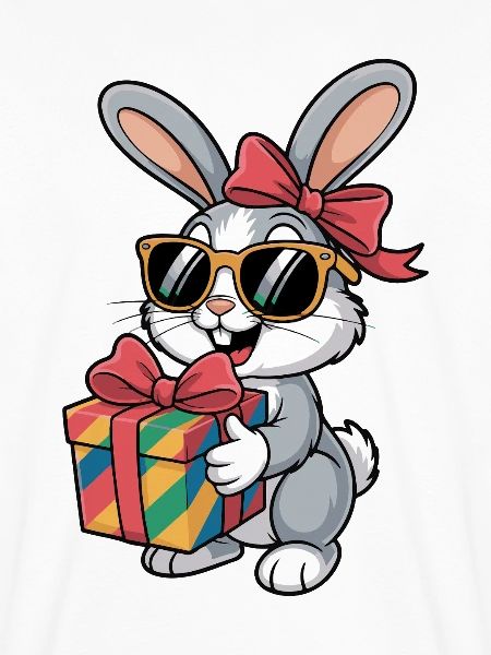 Fröhlicher Hase mit Geschenk