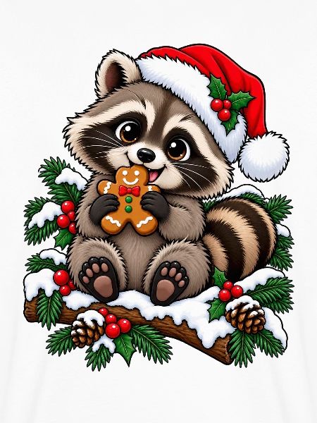 Waschbär mit Weihnachtsmütze und Lebkuchen