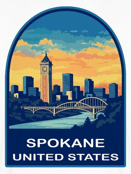 Spokane Washington Skyline Retro Sonnenuntergangsabzeichen
