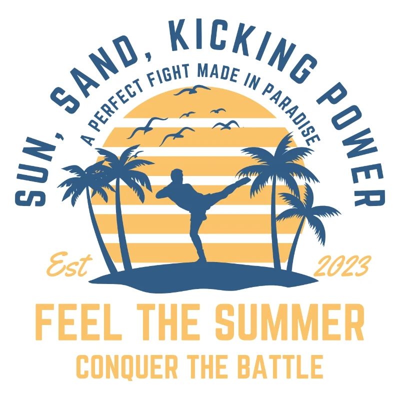 Kickboxing summer on the beach under palm trees