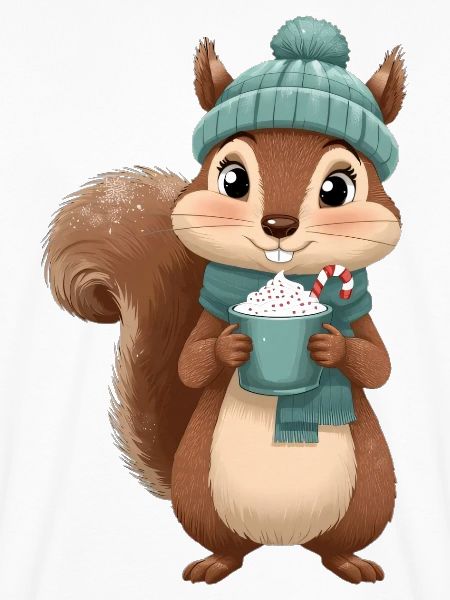 Winterliches Eichhörnchen mit Heißgetränk