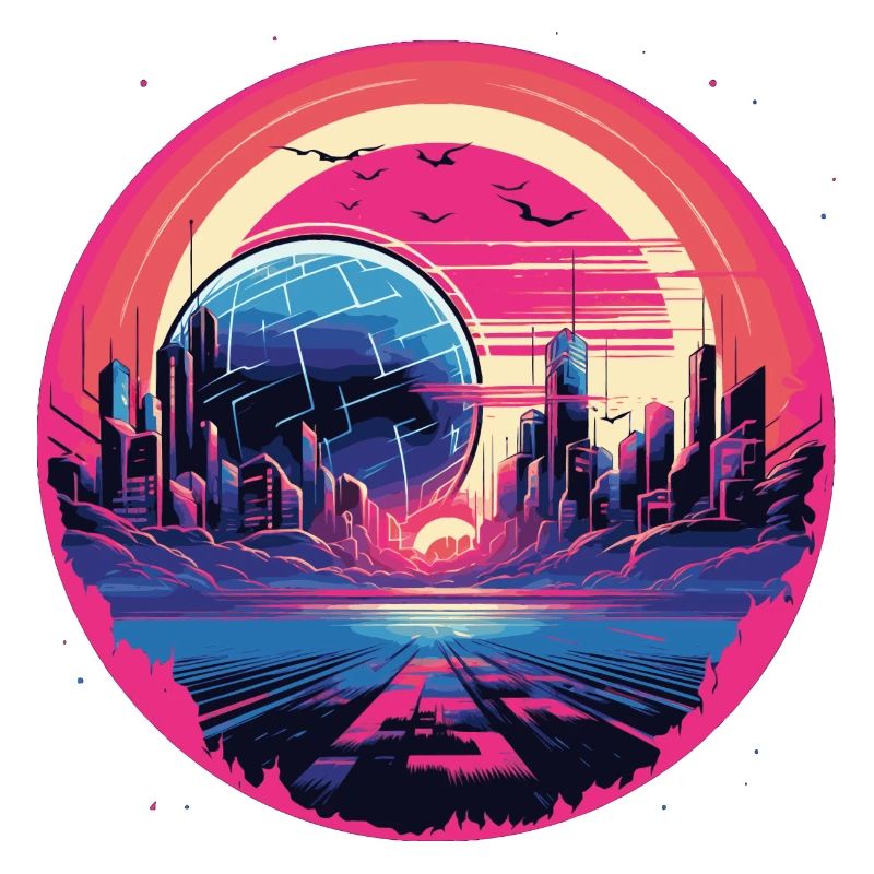 Futuristic planet in synthwave 80s style