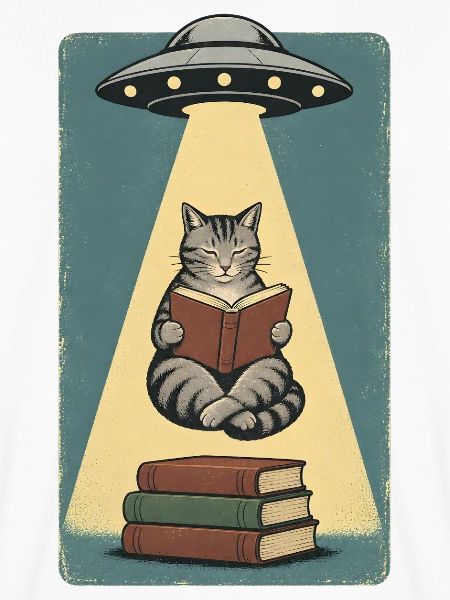 Lesende Katze im UFO Strahl