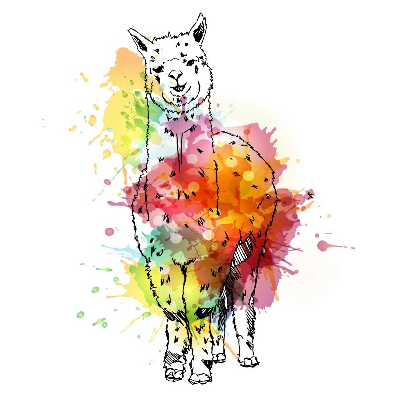 Alpaga dessiné à la main douce avec éclaboussures de couleur