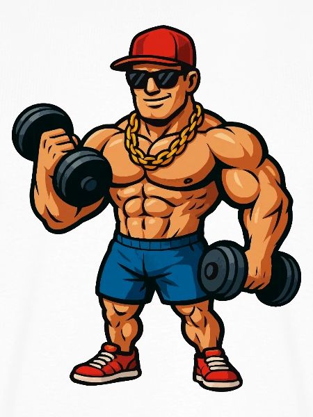 Bodybuilder mit Goldkette und Hanteln