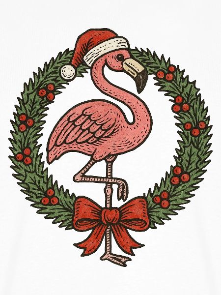 Festlicher Flamingo mit Weihnachtskranz