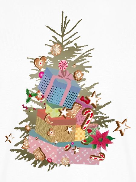 Weihnachtsbaum mit Geschenken und Lebkuchen