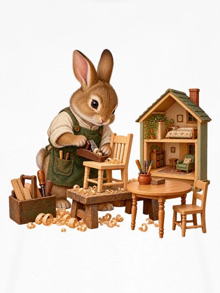 Kaninchen baut Miniaturmöbel
