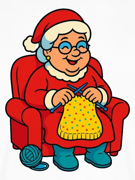 Weihnachtsoma strickt im Sessel