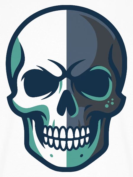 Stilisierte Totenkopfgrafik mit geteiltem Farbdesign