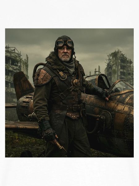 Steampunk-Pilot auf postapokalyptischen Ruinen