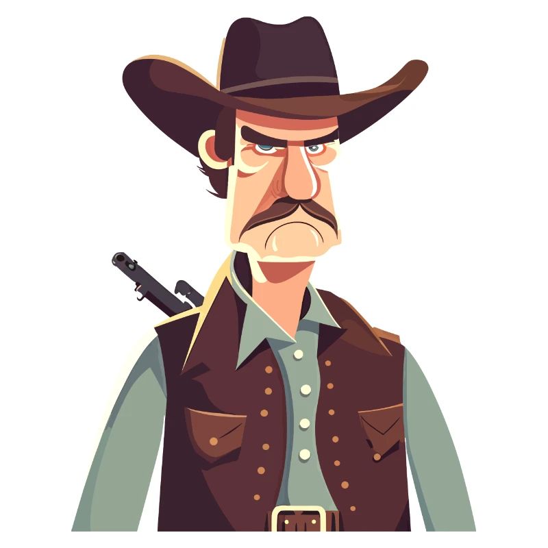 A grumpy cowboy with a gun on his back