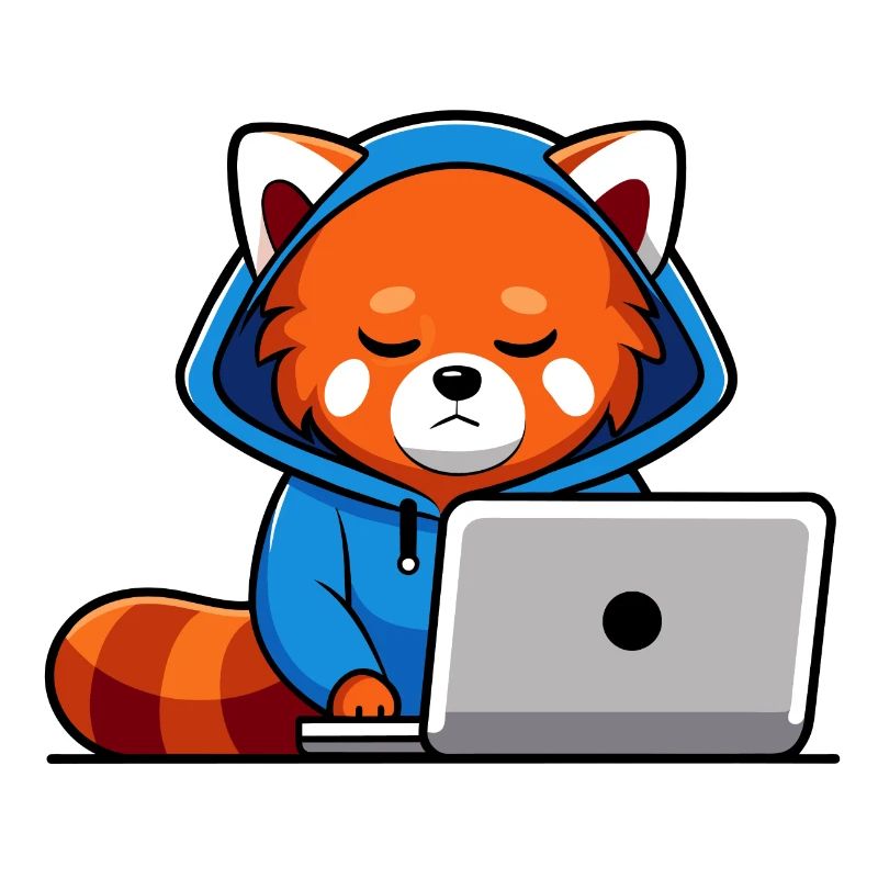 Mignon hacker panda roux en sweat à capuche devant PC