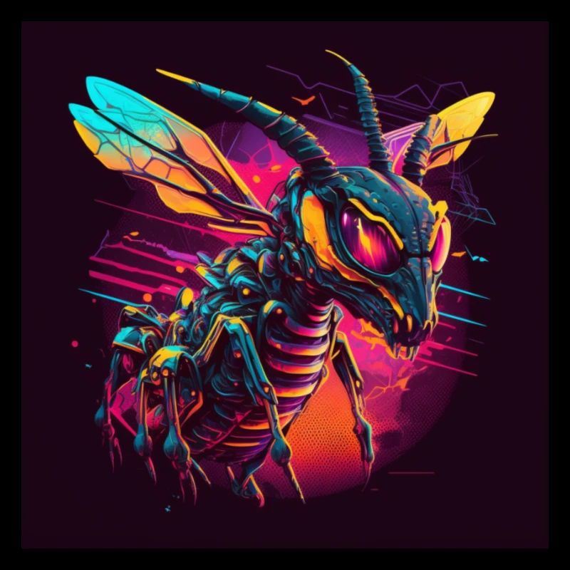 Wasp with neon colors, synthwave / 80s