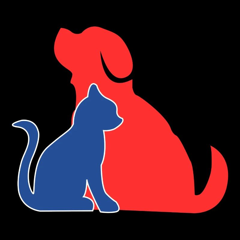Blauer roter Hund und Katze.