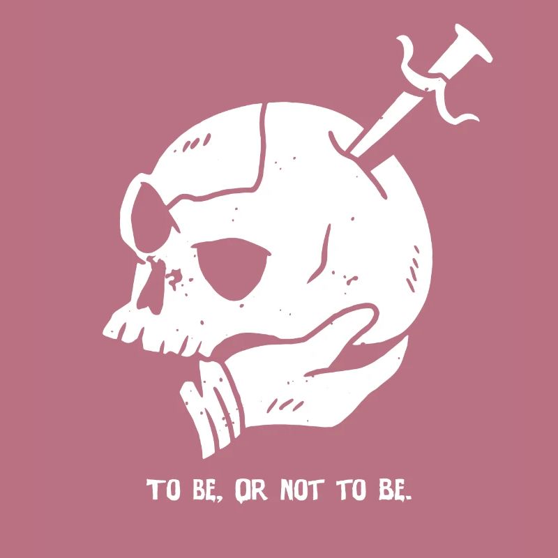 Crâne avec poignard et citation d’Hamlet