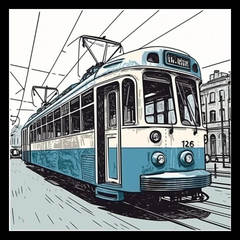 tramway bleu / blanc moderniste d’Amsterdam dessiné à la main