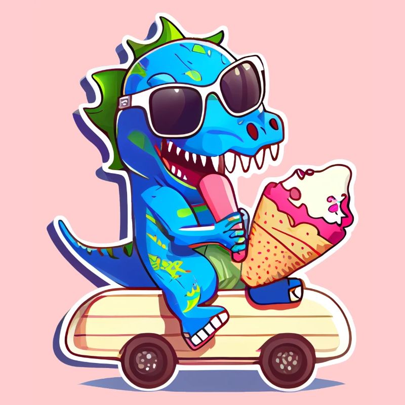 Dino dinosaure sur skateboard mangeant de la crème glacée