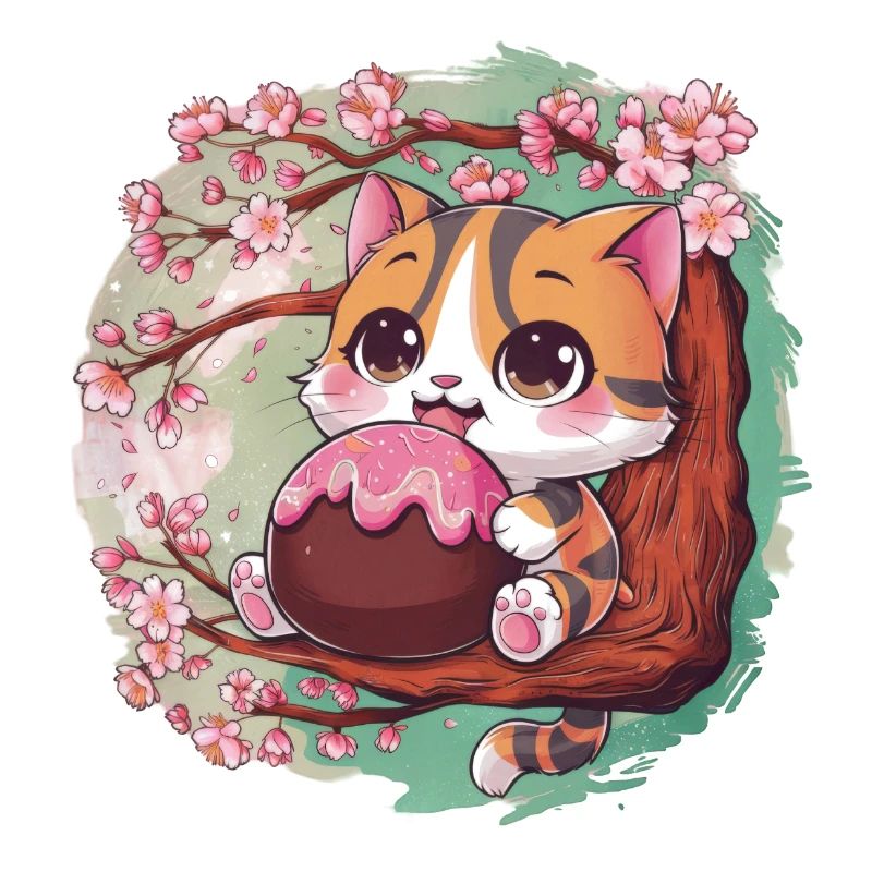 Mignon chat Kawaii avec Hanami Dango + fleurs de cerisier